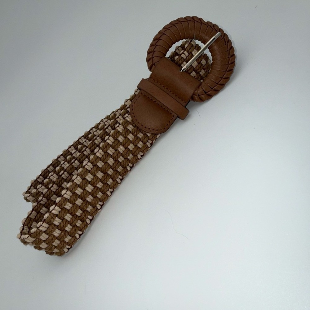 Woven Boho Braided Belt Brown Cream Checkerboard Round Wrapped Buckle